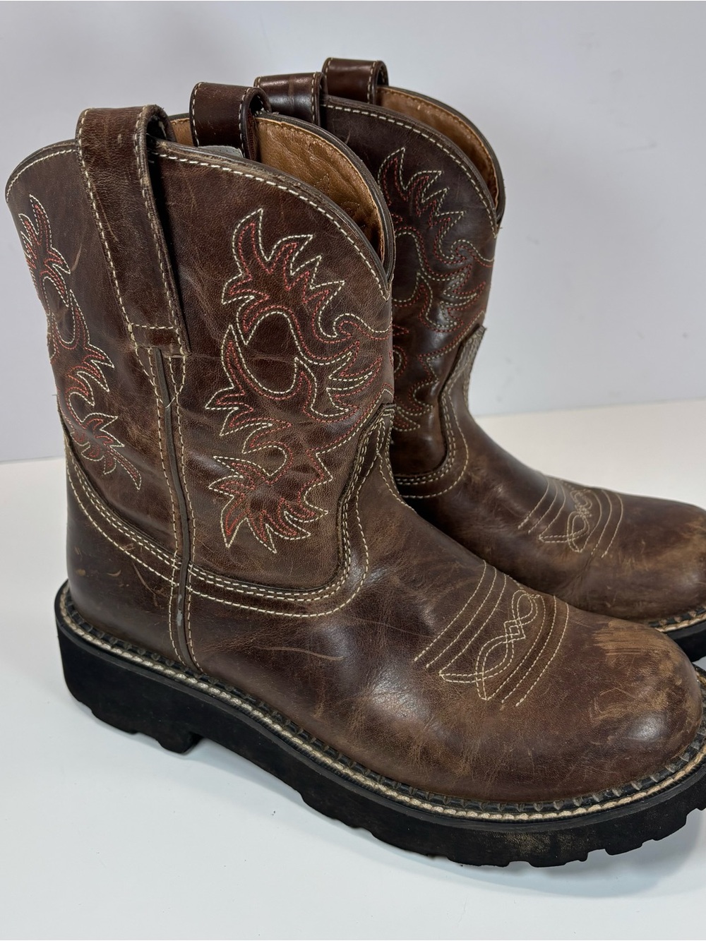 Vintage Ariat Original Fatbaby Western Brown Embroidered Womenโs Boots 8.5 B Y2K